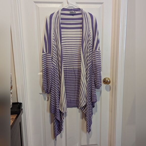 Attitudes By Renee Size 1X Purple & White Striped Open Front Cardigan Sweater - Picture 1 of 11